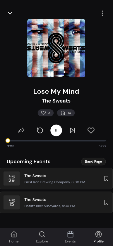 FLX Music player streaming a song by The Sweats with the band's upcoming Finger Lakes shows listed below